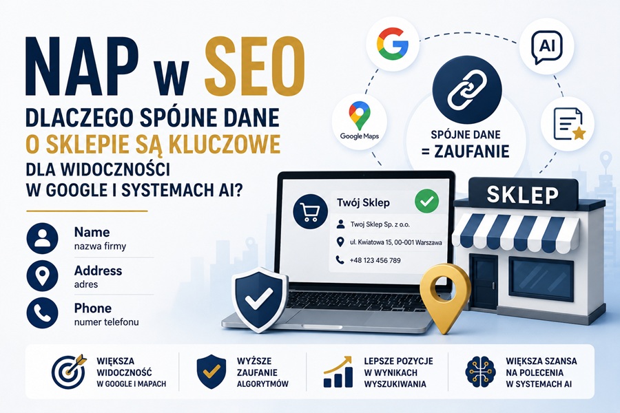 Spójne dane NAP pomagają sklepom budować zaufanie Google, poprawiać local SEO i zwiększać widoczność w systemach AI. NAP w SEO – znaczenie spójnych danych sklepu dla widoczności w Google i systemach AI