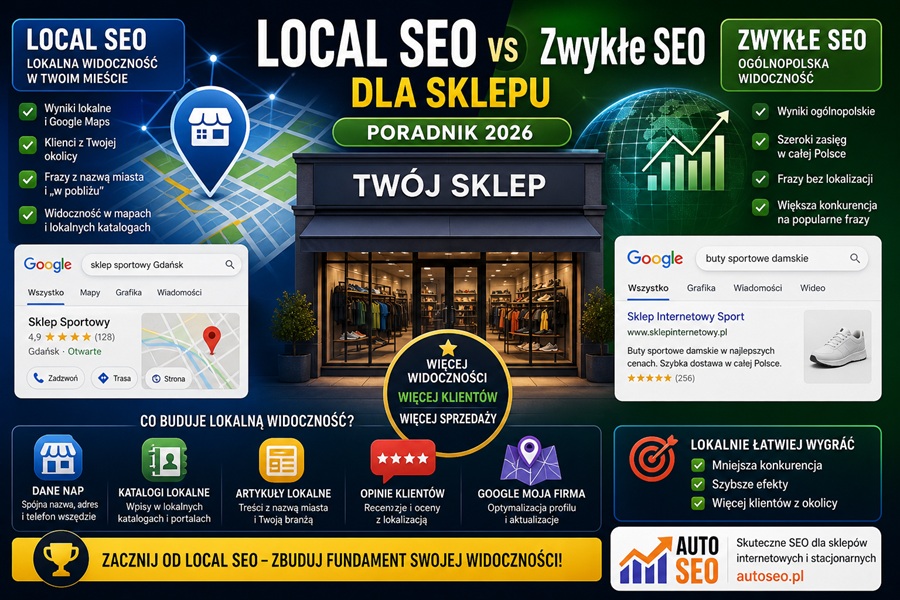 Local SEO dla sklepu vs zwykłe SEO – porównanie widoczności lokalnej i ogólnopolskiej w Google
